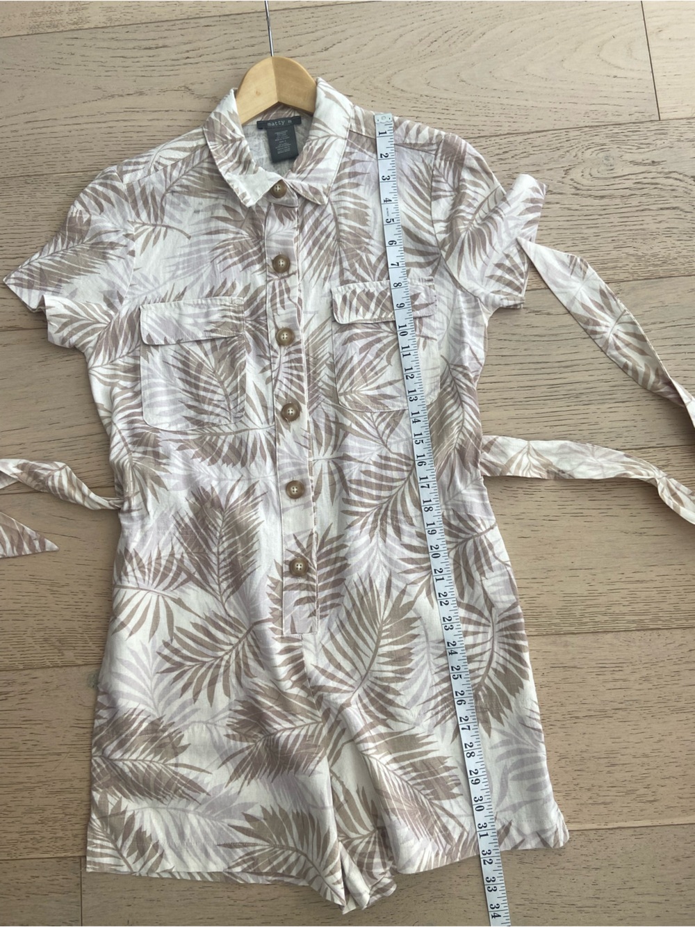 Linen Blend Romper Small Neutral Palm Print Tie Waist Pockets | Matty M - Picture 8 of 8